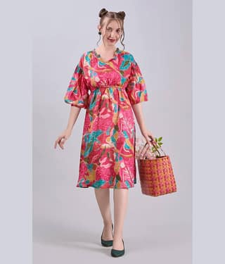 Amarasha Women Cotton Blend Printed Fit & Flare Dress ( Pink )