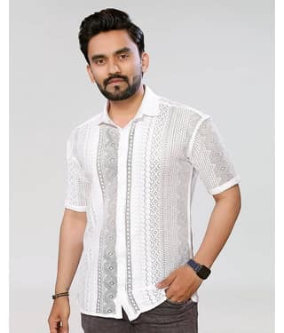 HARPITA Cotton Blend Regular Fit Self Design Half Sleeves Men's Casual Shirt - White ( Pack of 1 )