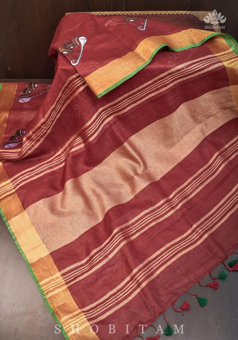 Musical instruments embroidery motifs on pure Linen by Linen Saree in Terracotta Red