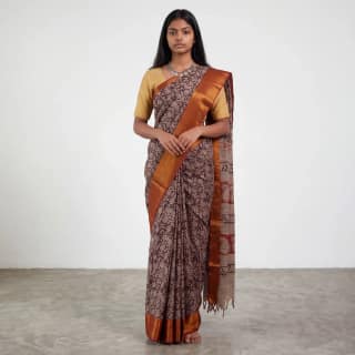 Chocolate Brown Pedana Kalamkari Block-Print Semi Pattu Saree with Blouse