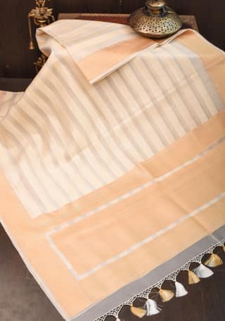 Off White Pure Kora Silk Banarasi Saree with trendy Striped Pattern and zari border | SILK MARK CERTIFIED