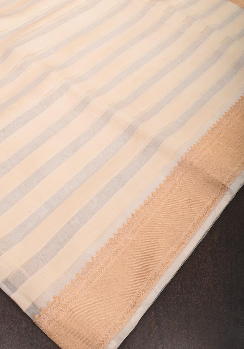Off White Pure Kora Silk Banarasi Saree with trendy Striped Pattern and zari border | SILK MARK CERTIFIED view 3