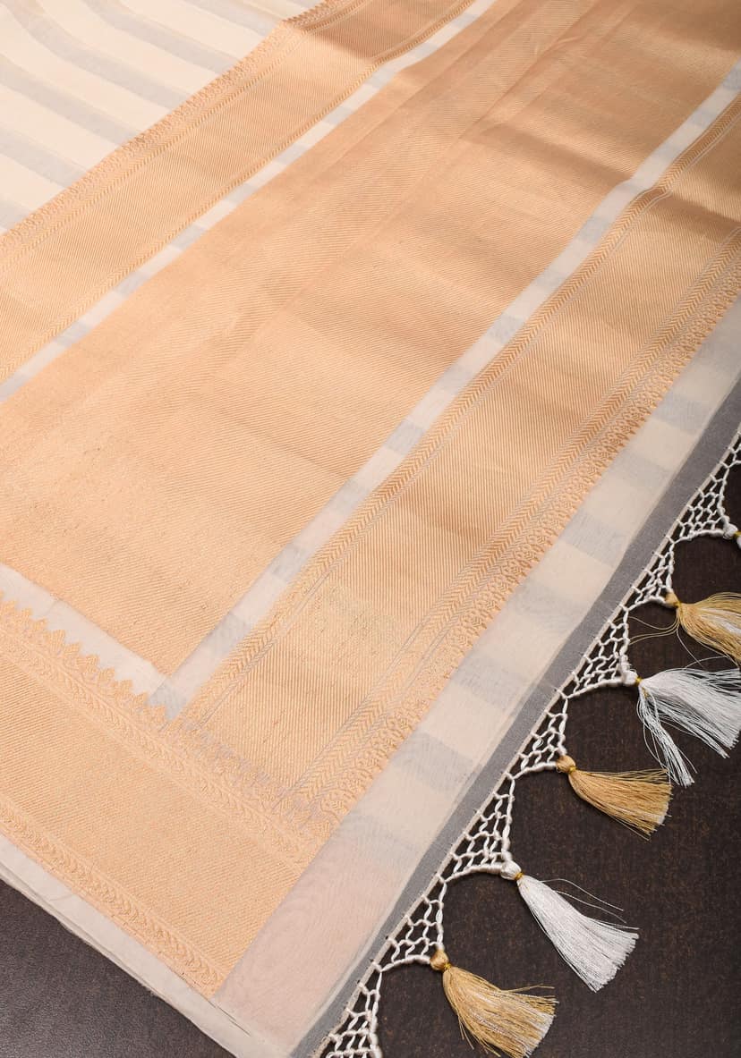 Off White Pure Kora Silk Banarasi Saree with trendy Striped Pattern and zari border | SILK MARK CERTIFIED view 6