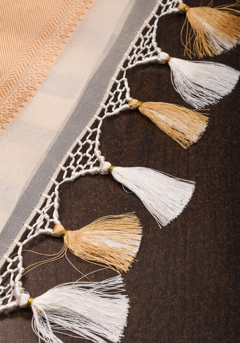 Off White Pure Kora Silk Banarasi Saree with trendy Striped Pattern and zari border | SILK MARK CERTIFIED view 7