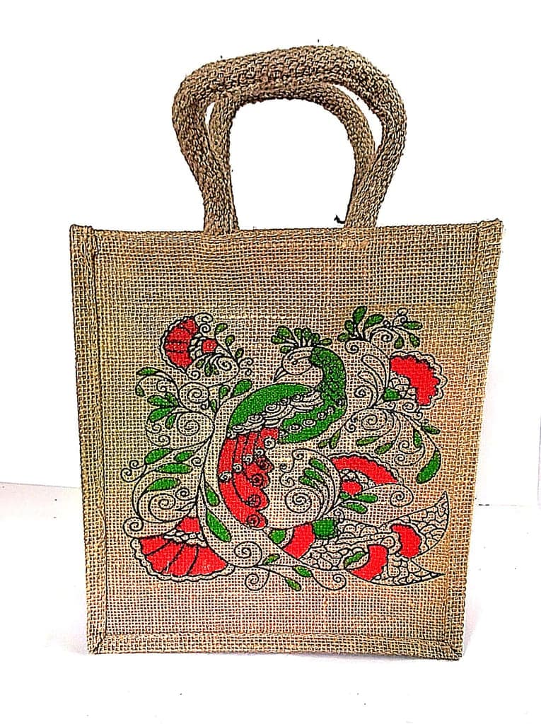 Peacock printed jute bag