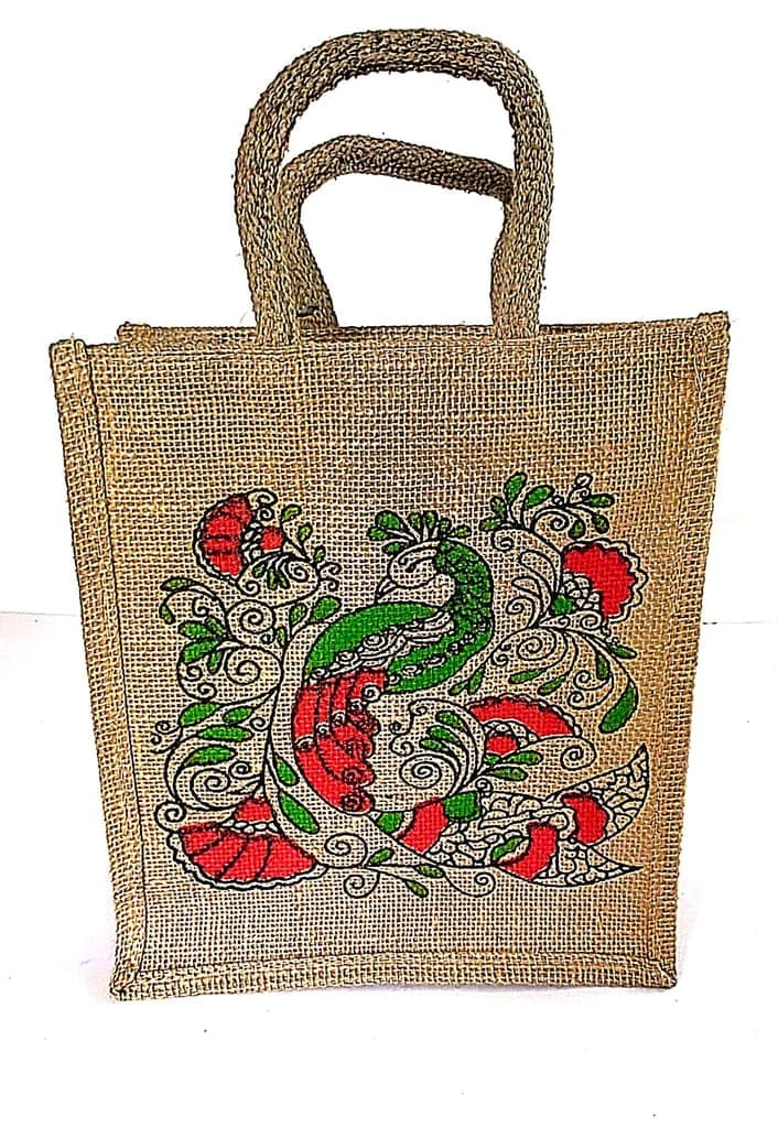 Peacock printed jute bag view 2