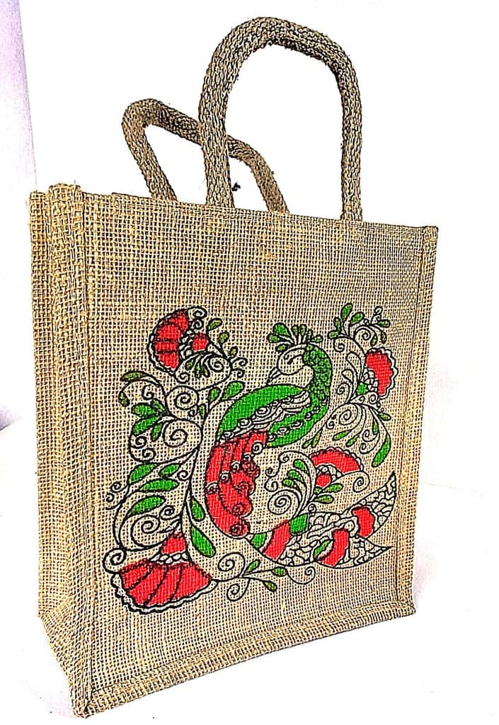 Peacock printed jute bag view 3