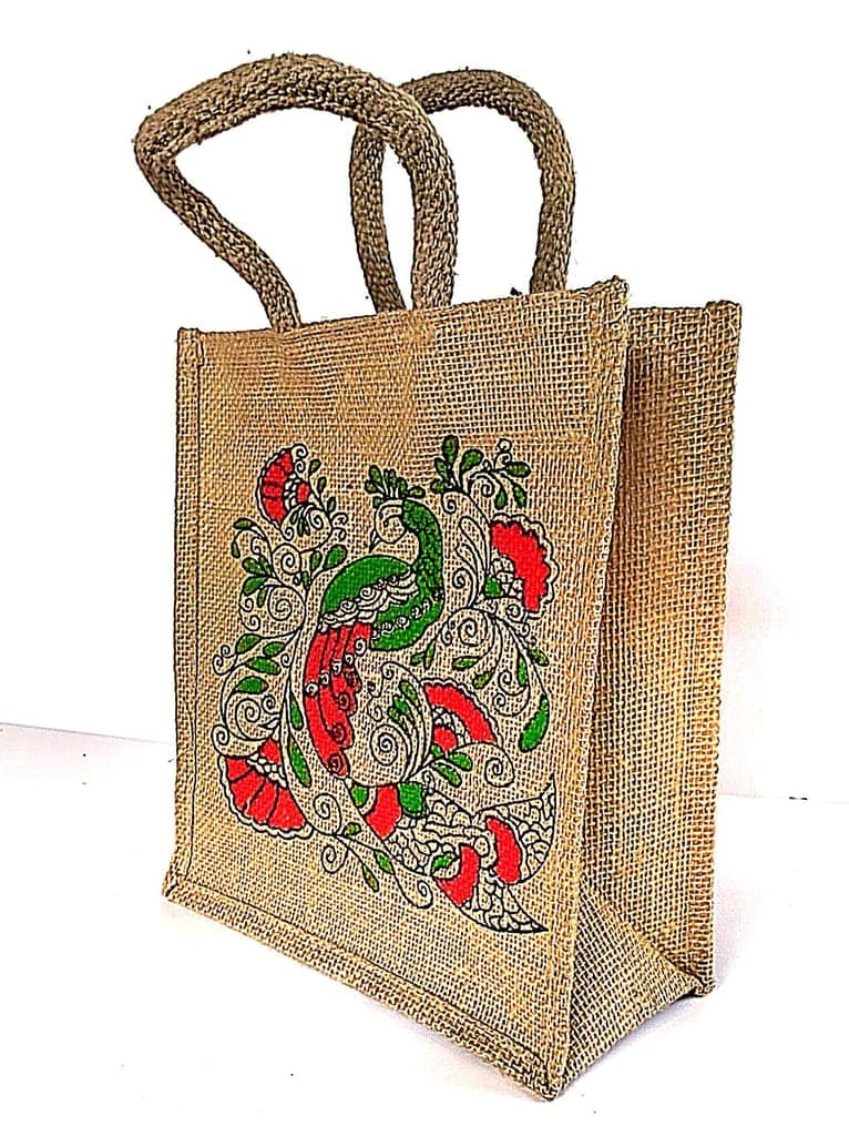 Peacock printed jute bag view 4