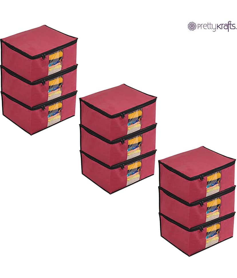 PrettyKrafts Non Woven Saree Cover Storage Bags Premium Quality Saree Organizer for Wardrobe/Cloth Organizer Pack of 9 - Maroon