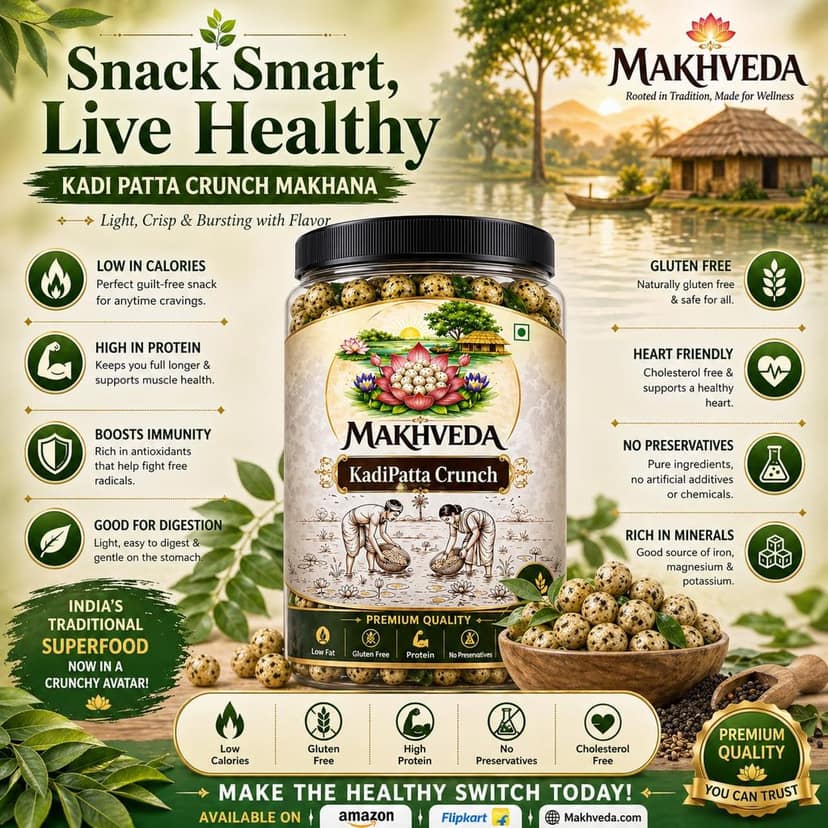 MAKHVEDA - Kadhi Patta Desi Ghee Makhana | Roasted Fox Nuts | Popped Lotus Seeds | Healthy Snack | Low Calorie, High Protein, Gluten Free | Curry Leaf & Ghee Flavour view 4