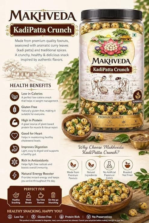 MAKHVEDA - Kadhi Patta Desi Ghee Makhana | Roasted Fox Nuts | Popped Lotus Seeds | Healthy Snack | Low Calorie, High Protein, Gluten Free | Curry Leaf & Ghee Flavour view 5
