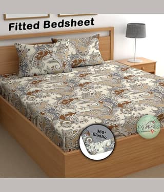CG HOMES Cotton Abstract Fitted 1 Bedsheet with 2 Pillow Covers ( Double Bed ) - Brown