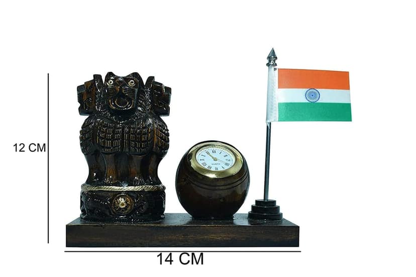 Patwari Arts Wooden Dark Brown Ashokha Stambh Pen Stand With Watch And Flag, Pen Stand, Desk Organizer, Pen Holder, Peen/Pencil Holder. view 2