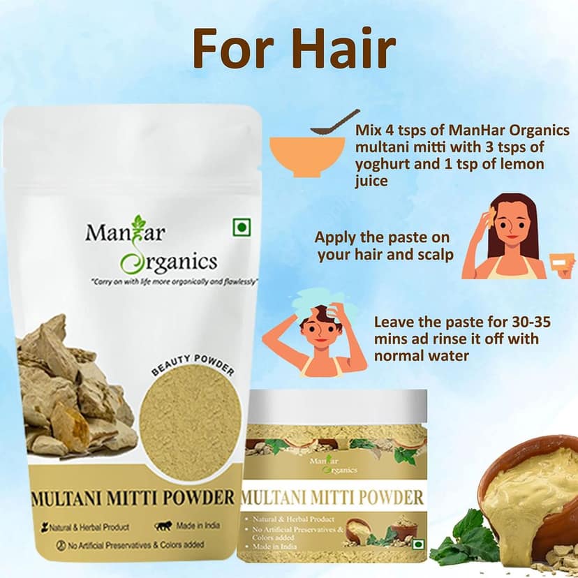 ManHar Organics Multani Mitti 100gm | Pure Fuller's Earth Clay for Glowing Skin & Oil Control | Natural Face Pack for Acne & Pimples view 2
