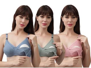 JUSTLY Women Maternity/Nursing Bra Non Padded Non Wired Cotton Feeding Bra for Breastfeeding Mothers –Multicolor-Baby Pink, Olive Green, Sky Blue - Soft Comfortable Daily Wear