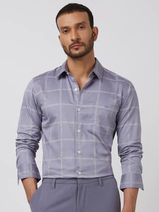 Lilac Printed Check Slim Fit Casual Shirt
