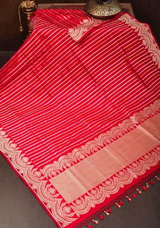 Red Banarasi Katan with Three tone Zari Stripes | SILK MARK CERTIFIED