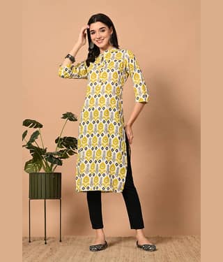 MAUKA Pack of 1 Rayon Printed Straight Women's Kurti - ( Yellow )