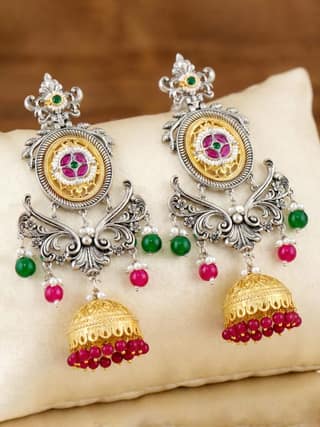 LUCKY JEWELLERY Oxidised & Gold Kashmiri Earrings with Ruby & Green Beads (806-KEO-24701-RG-SG)
