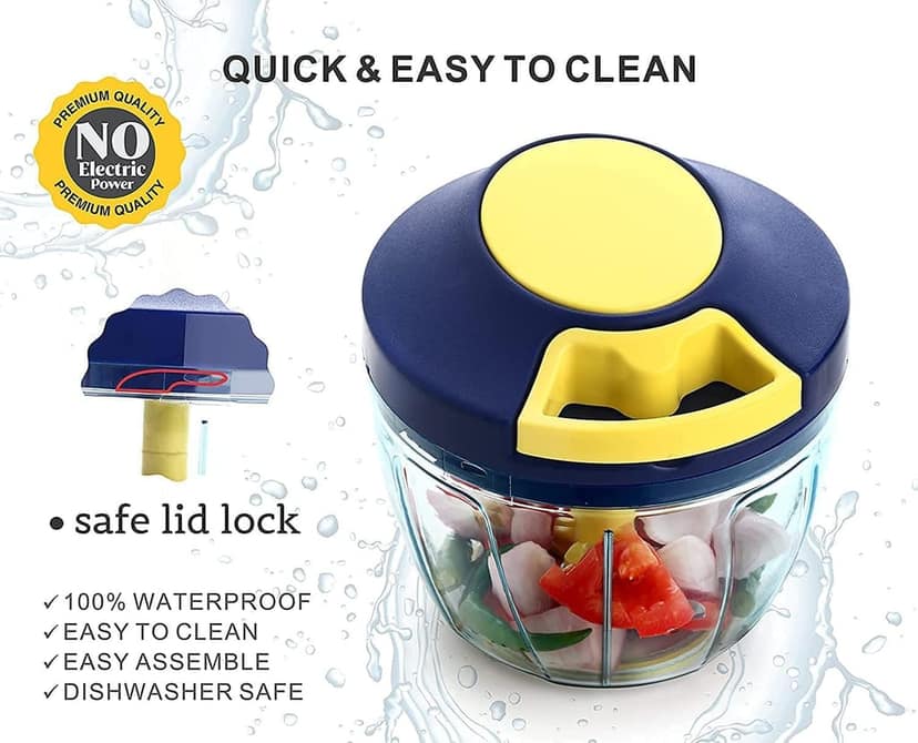 GLOBAL IMPEX Vegetable Round Quick Handy Dori Chopper (450 ml) with 3 Stainless Steel Blade and Whisker Multipurpose Speedy, Dry Fruit and Onion Machine for Kitchen Tool (Navy Blue & Yellow) view 2