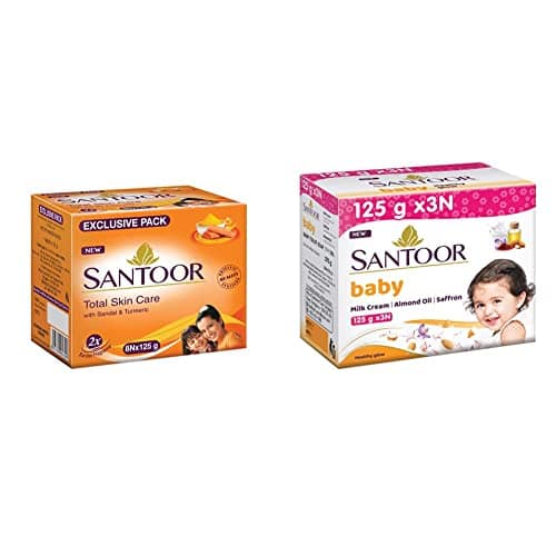 Santoor Sandal & Turmeric Soap for Total Skin Care, 125g (Pack of 8) & Santoor Baby Soap with Milk Cream, Saffron and Almond Oil, 125g (Buy 3 get 1 Free) Santoor Sandal & Turmeric Soap for Total Skin Care, 125g (Pack of 8) & Santoor Baby Soap with Milk C view 2