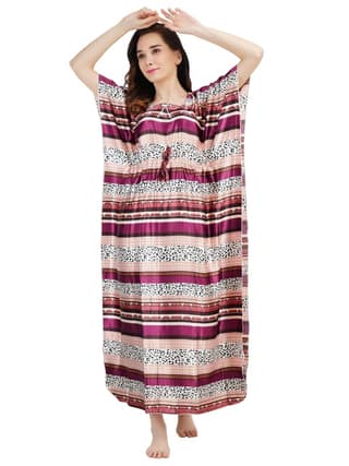 KOI SLEEPWEAR Women's Tiger Print Satin Kaftan Gown/Maxi Night Gown for Women - Purple (Large)