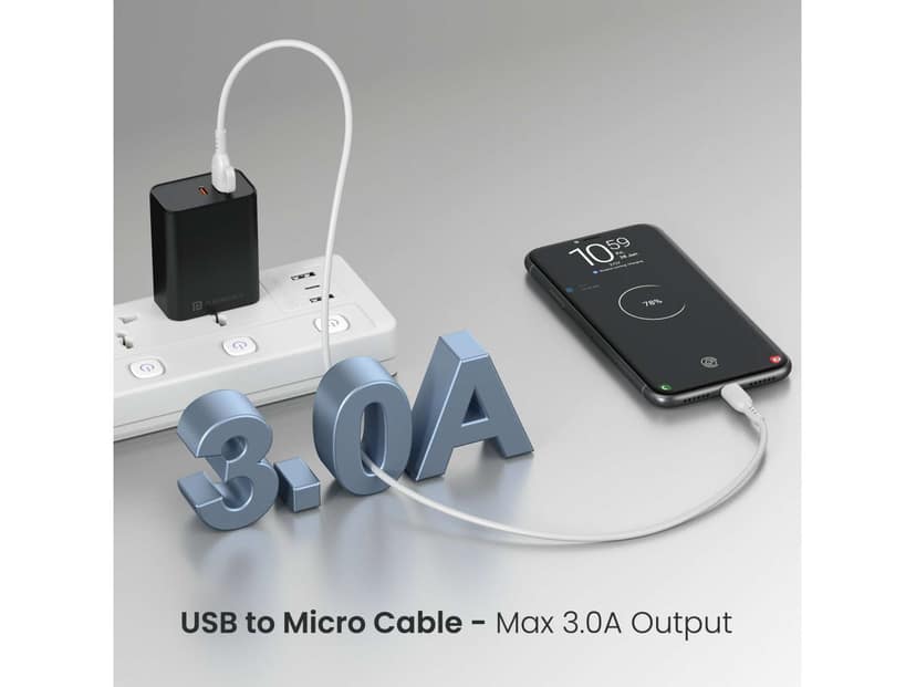 Portronics Konnect Core 3 - USB TO Micro 3.0A Max Output, 1M Cable Length, Strong PVC Material, Fast Data Sync - White view 2
