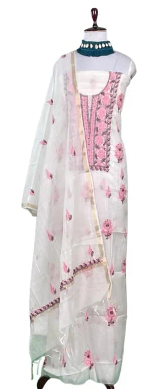 Chikankari Mul Chanderi Dress Material Off White Pink Floral