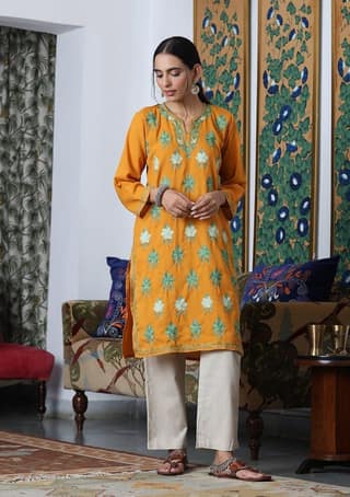 HOC Crafts Aari Embroidered Cotton Solid Women's Long Kurta - Yellow