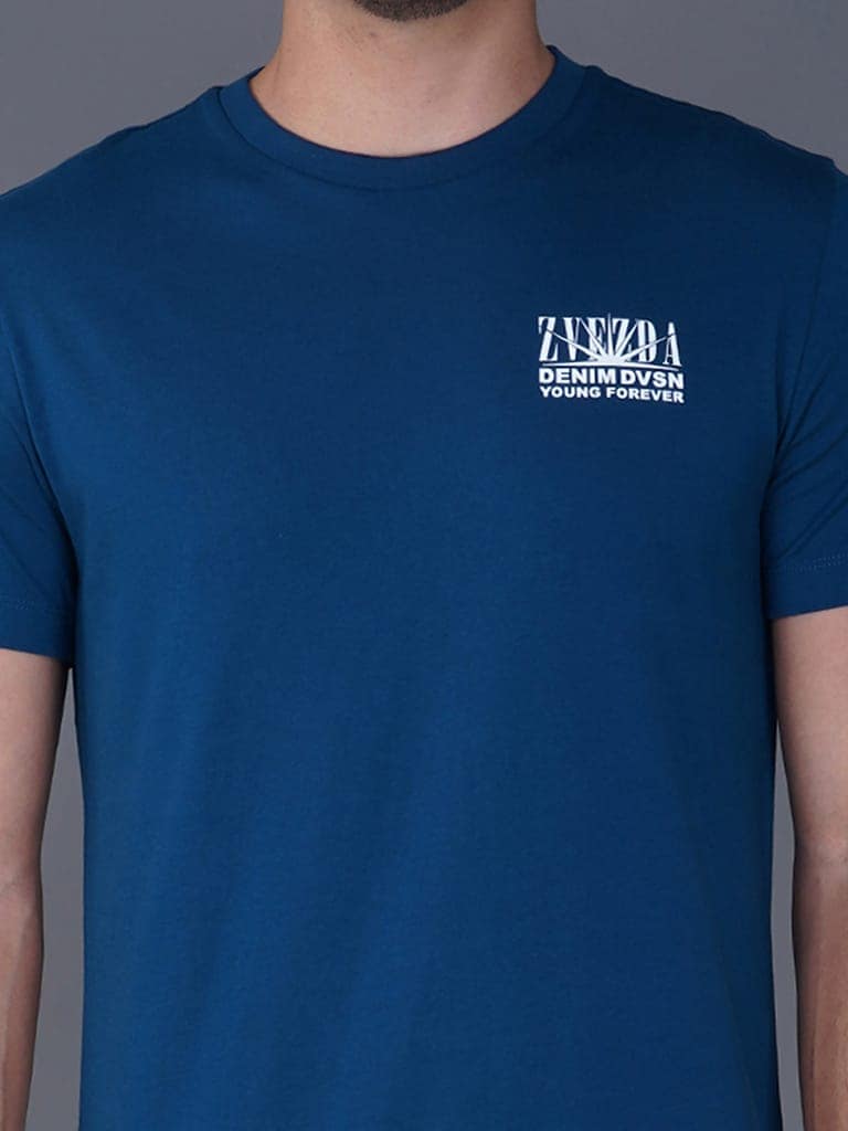 Round Neck Branded Cotton Jersey T-Shirt for Men Blue view 4