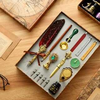Quill Pen Ink Wax Seal Stamp Gift Set, Feather Pen Ink Set Includes Feather Dip Pen,Ink,5 Replacement Nibs,3 Wax Seal Sticks,Pen Nib Base,Seal Stamp, White Wax,Spoon, Valentine Gift