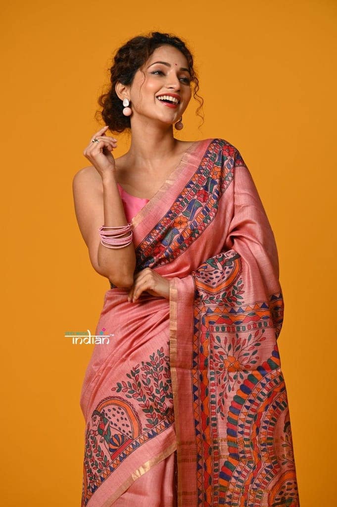 Param Sundari ~ HandPainted Madhubani Elegant Soft Pink Pure Tussar Saree (By Khadigram certified Weavers) view 6