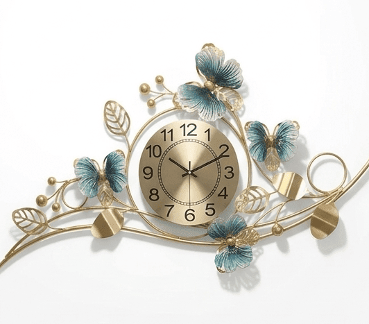 Royal Butterfly Horizon Wall Clock – Handcrafted Gold & Azure Metal Art