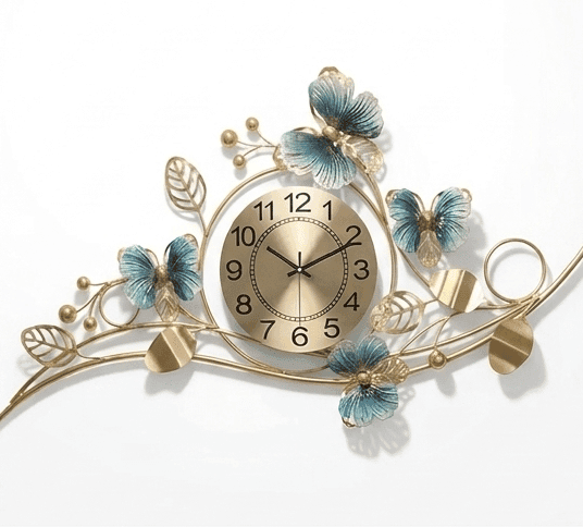 Royal Butterfly Horizon Wall Clock – Handcrafted Gold & Azure Metal Art view 2