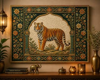Intricate Indian Embossed Tiger Tapestry Framed Art