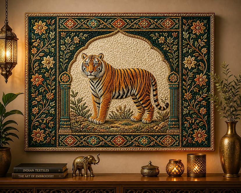 Intricate Indian Embossed Tiger Tapestry Framed Art