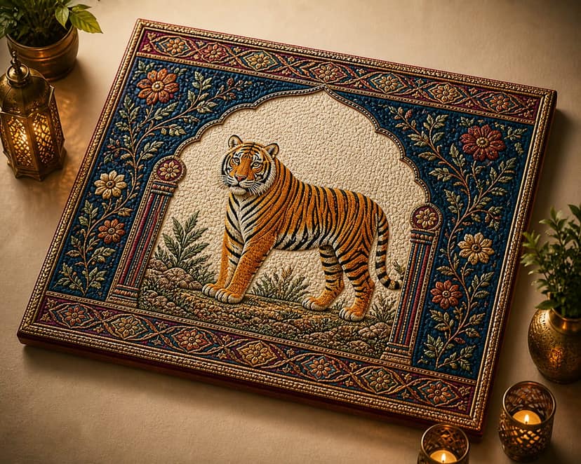 Intricate Indian Embossed Tiger Tapestry Framed Art view 2