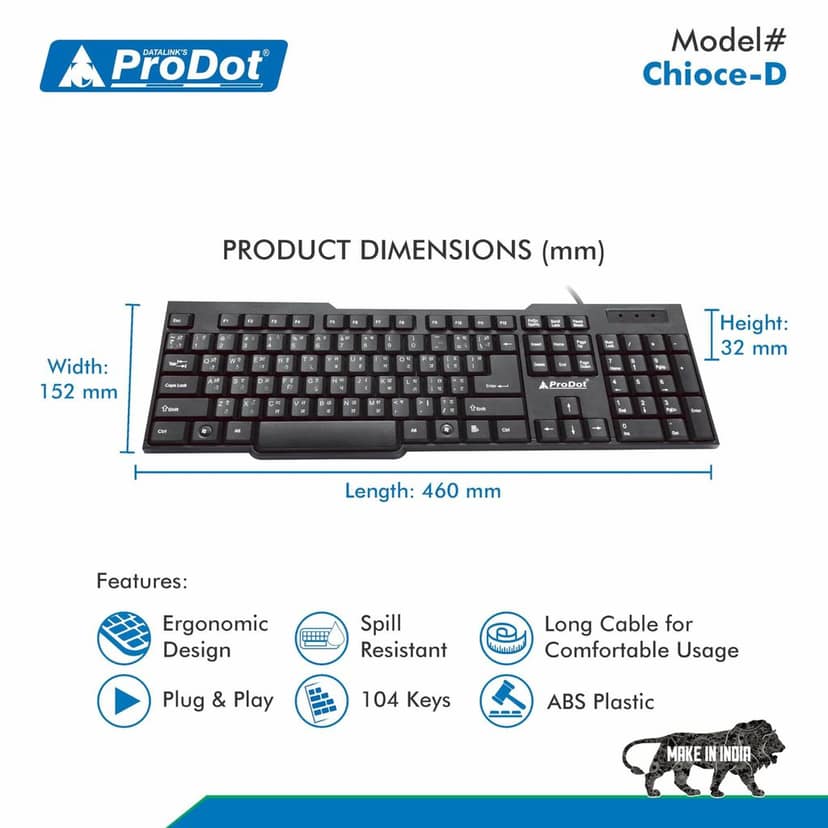 ProDot KB-Choice QWERTY �Made in India� Keyboard with 104 Low Profile Keys, Spill Resistant Design for Windows, Mac, PC, Laptop view 3