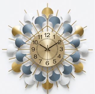Radiant Petal Metallic Wall Clock – Geometric Sunburst Design in Azure & Gold