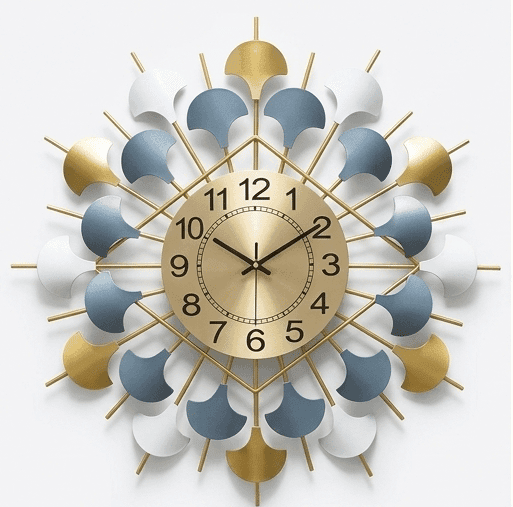 Radiant Petal Metallic Wall Clock – Geometric Sunburst Design in Azure & Gold