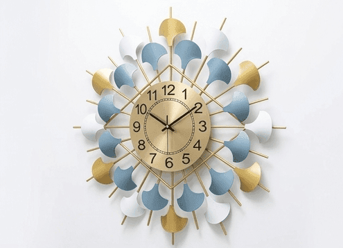 Radiant Petal Metallic Wall Clock – Geometric Sunburst Design in Azure & Gold view 2