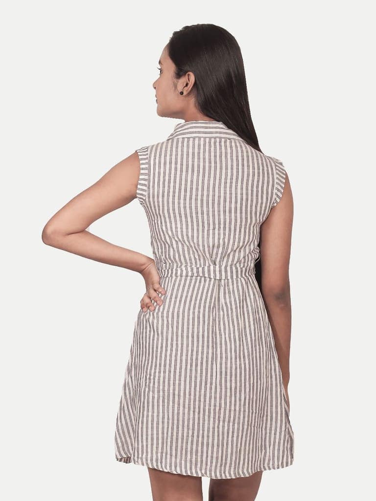 Teen Girls White Striped Shirt-dress with Waist-belt view 4