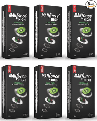 Manforce High Kiwi Paan Flavoured Condoms for Men 10 Count Ultra Thin Lubricated Latex Condoms For Her Enhanced Pleasure x Pack of 6