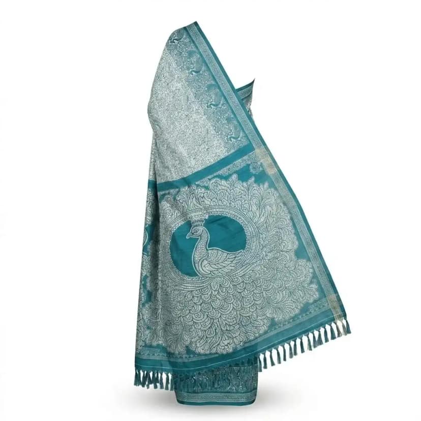 Sambalpuri Teal Peacock Print Ikat Handloom Saree view 2
