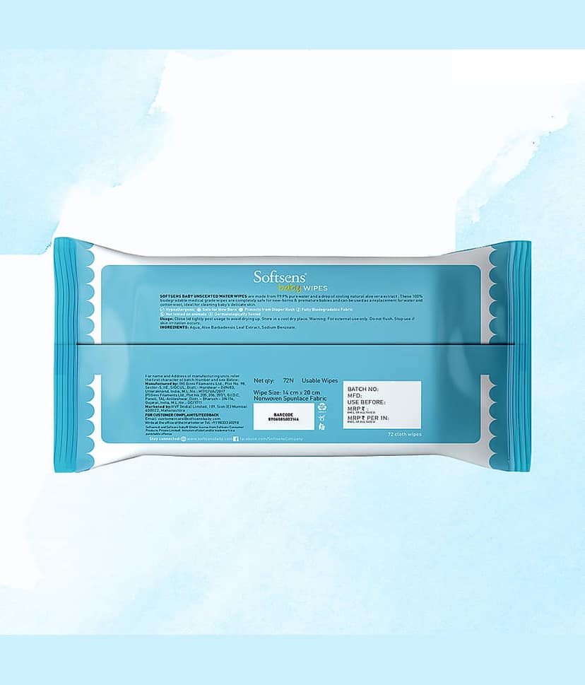 Softsens Baby 99.9% Pure Water Wipes, Pure Aloe Vera Extract Wipes For Babies, 72 Wipes, Pack of 6 view 2