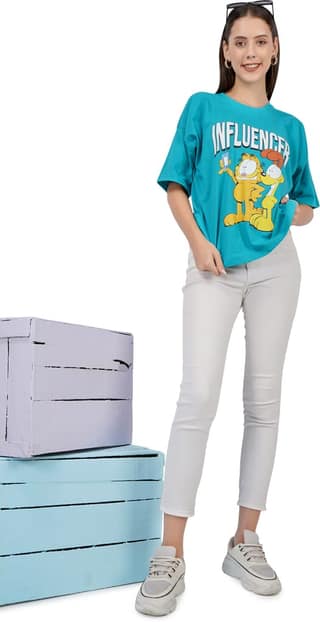 BlueFicus Printed Oversize Cotton Tshirt for Women Short Sleeve Tshirt for Casual Wear (Cyan Blue)