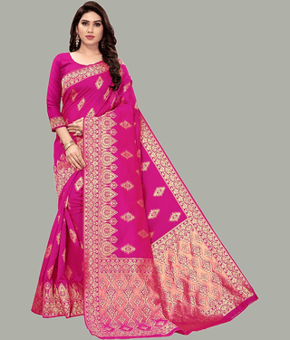 GARIYA Banarasi Silk Embellished Saree With Unstitched Blouse Piece ( Blue )