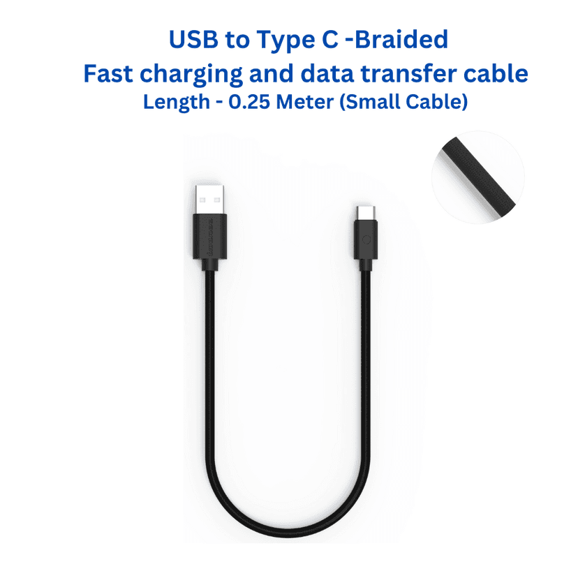 Twance T23B Braided - Type C to USB Charging & data transfer Cable, 0.25 M, Black