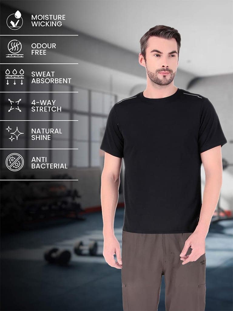 Freecultr Men's Activewear Sports T-Shirt Quick Dry Half Sleeve Plain Soft & Stylish Polyster Dry Fit Gym Workout Running Casualwear T Shirts for Man Pack of 1-Black view 5