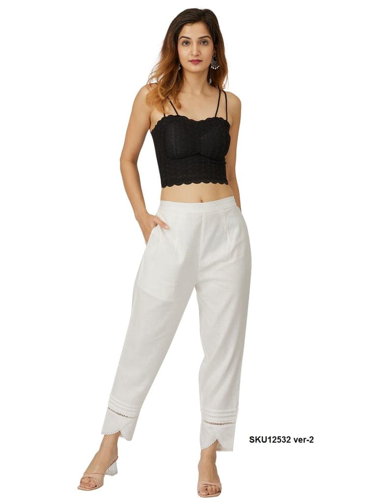 Women's Black Lace Crop Top with Cream Cotton Ankle-Length Pants view 4